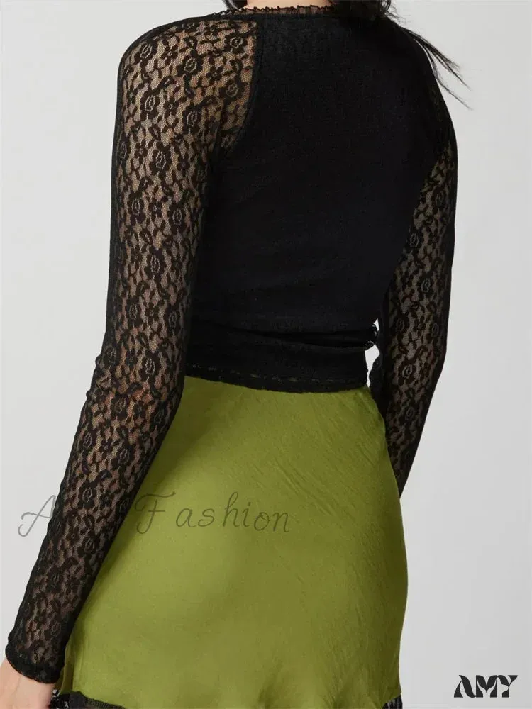 Amy Fashion - Clubwear V-neck Black Slim Lace Flower Mesh T-Shirts