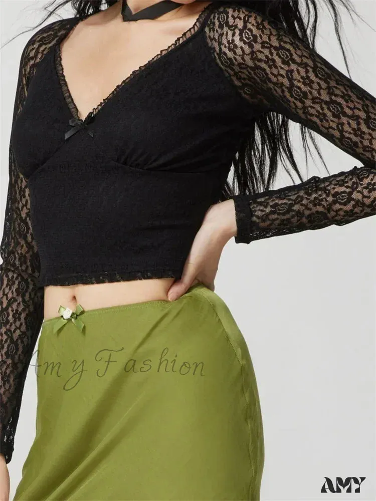 Amy Fashion - Clubwear V-neck Black Slim Lace Flower Mesh T-Shirts