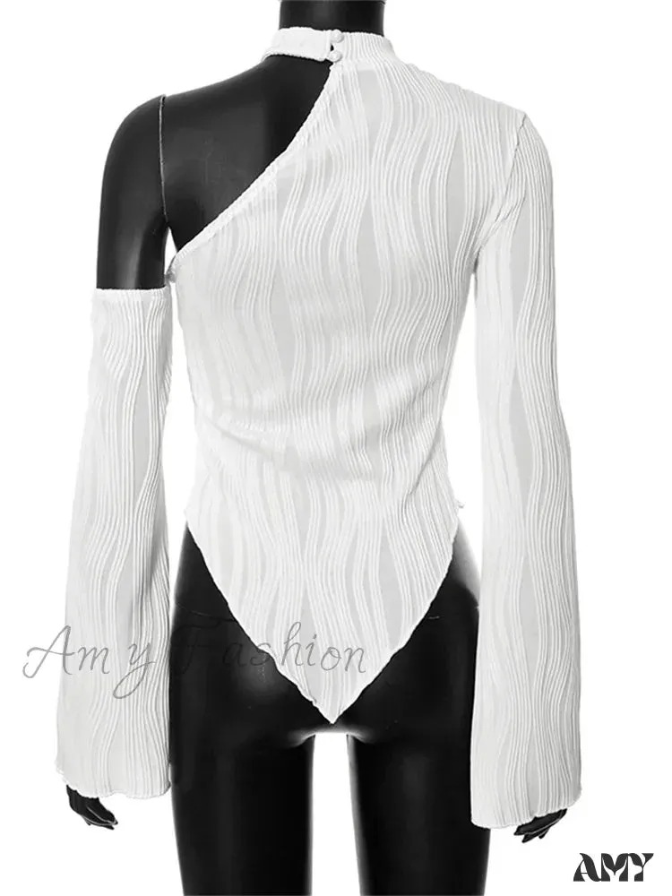 Amy Fashion - Flare Long Sleeve Ruched High Neck Off Shoulder  Irregular Hem  T-shirts
