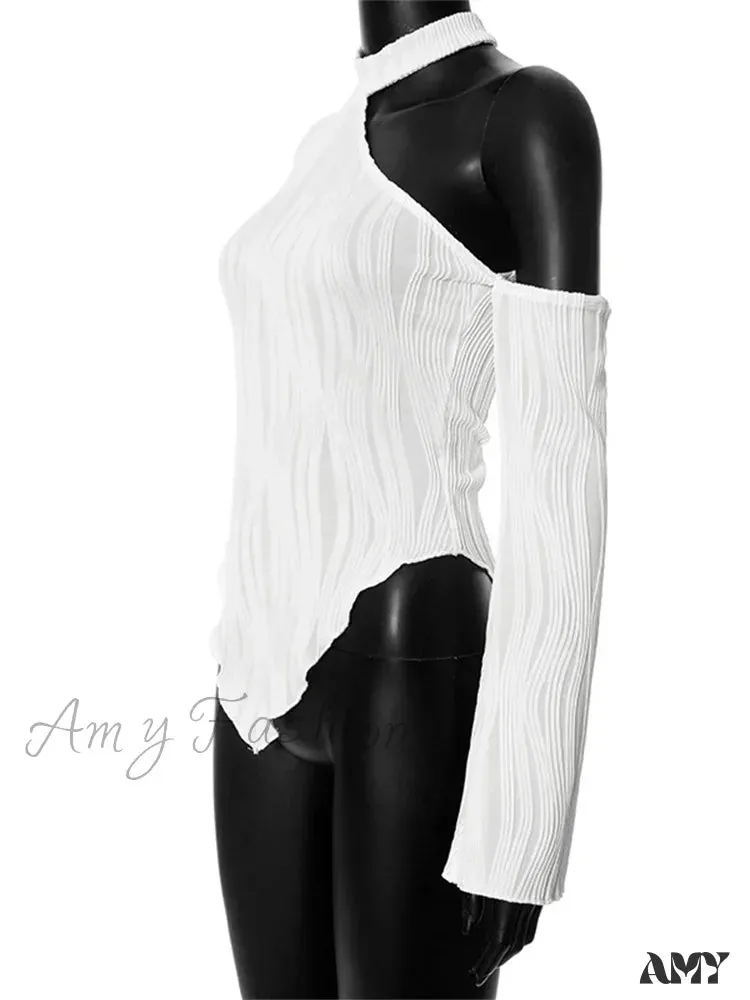 Amy Fashion - Flare Long Sleeve Ruched High Neck Off Shoulder  Irregular Hem  T-shirts