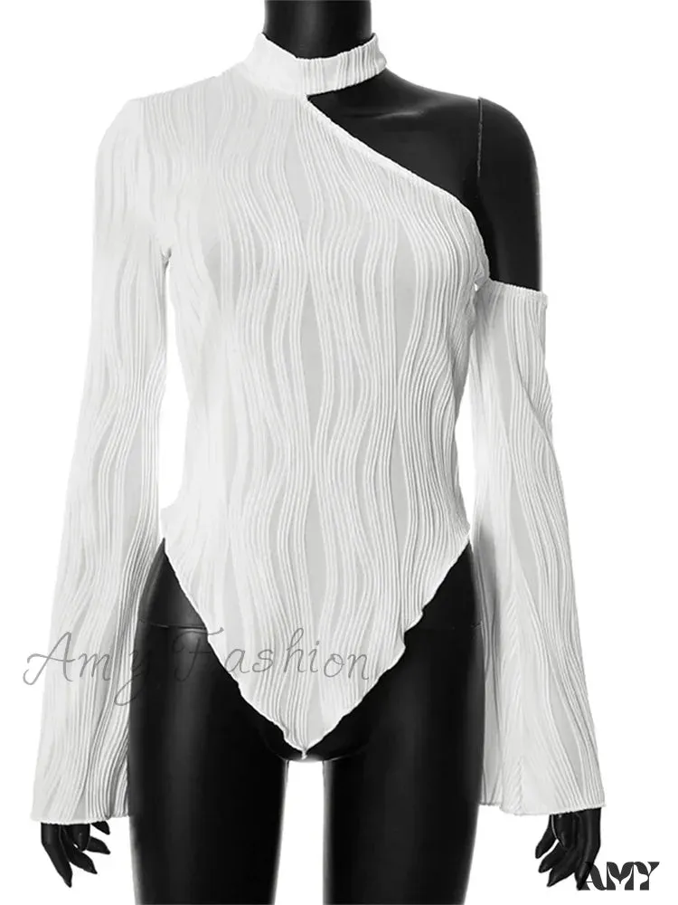 Amy Fashion - Flare Long Sleeve Ruched High Neck Off Shoulder  Irregular Hem  T-shirts