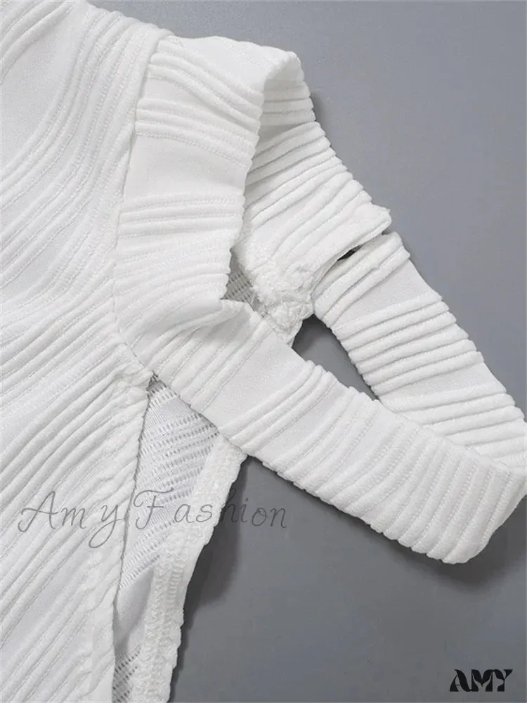 Amy Fashion - Flare Long Sleeve Ruched High Neck Off Shoulder  Irregular Hem  T-shirts