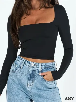 Amy Fashion - Long Sleeve Square Neck Colorful Slim Fit T-shirts
