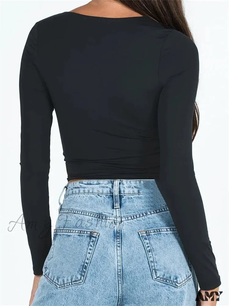 Amy Fashion - Long Sleeve Square Neck Colorful Slim Fit T-shirts