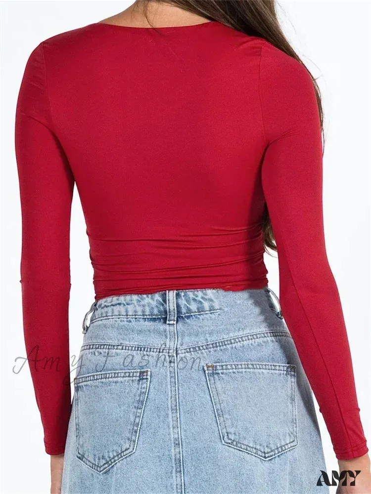 Amy Fashion - Long Sleeve Square Neck Colorful Slim Fit T-shirts