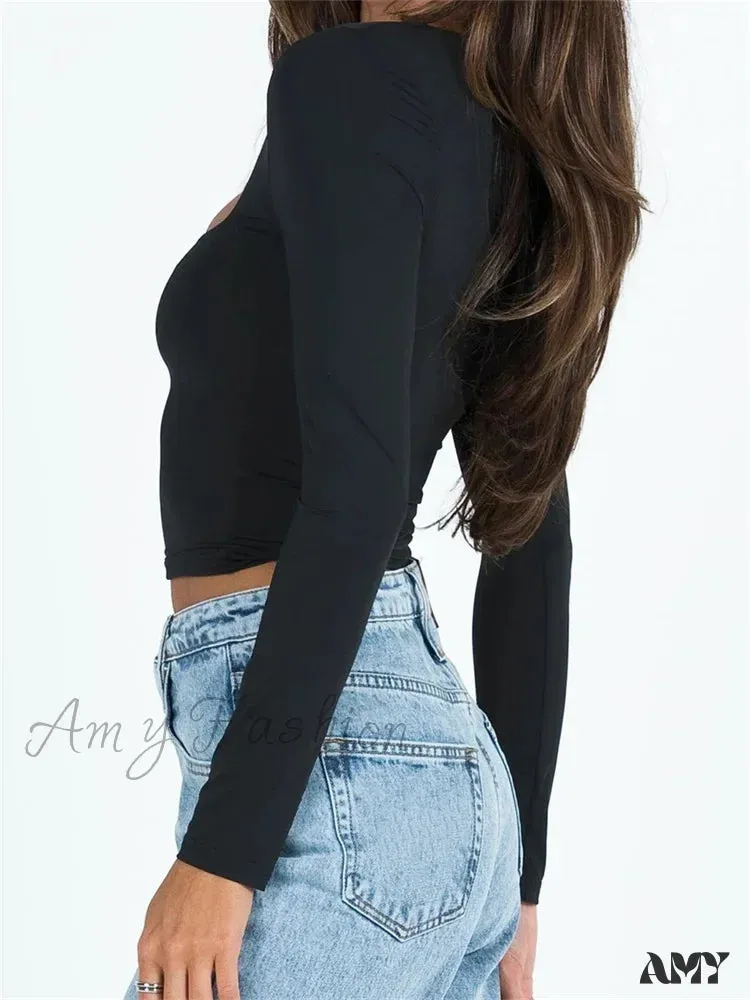 Amy Fashion - Long Sleeve Square Neck Colorful Slim Fit T-shirts