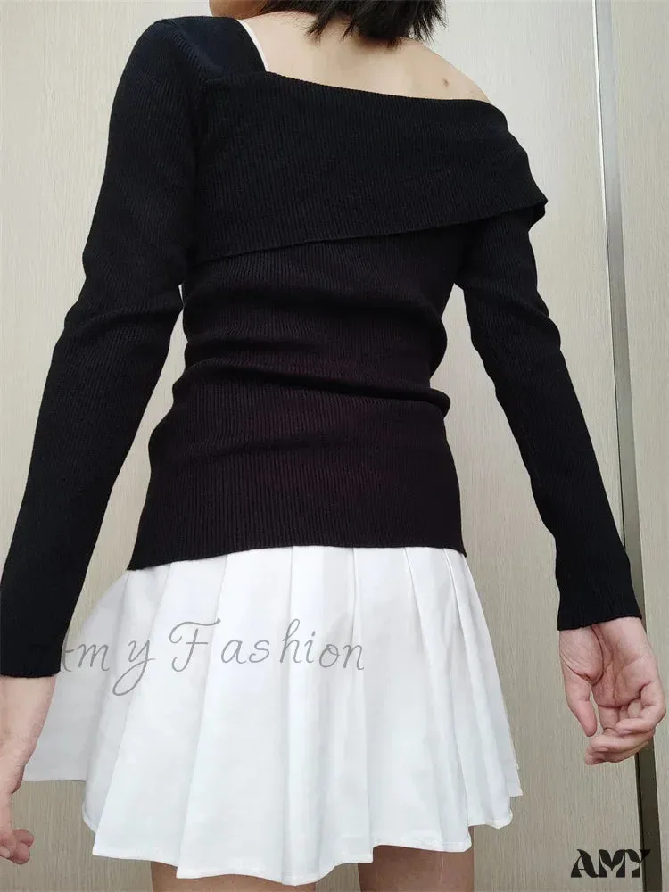Amy Fashion - Off Shoulder Irregular Neck  Long Sleeve Ribbed Knitted T-shirts