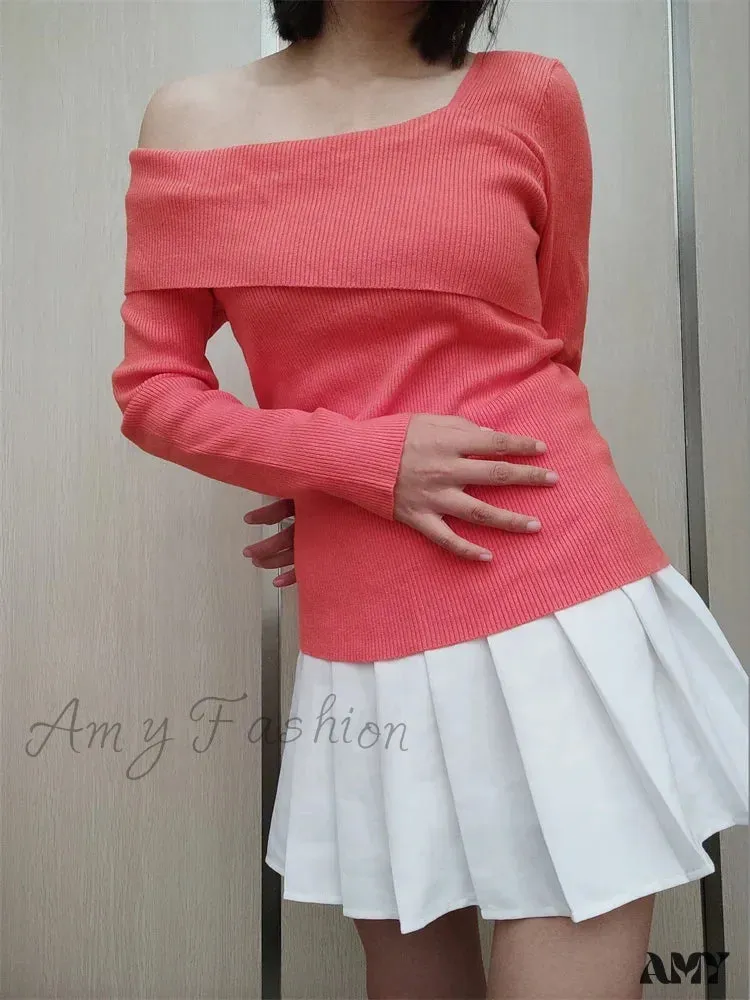 Amy Fashion - Off Shoulder Irregular Neck  Long Sleeve Ribbed Knitted T-shirts