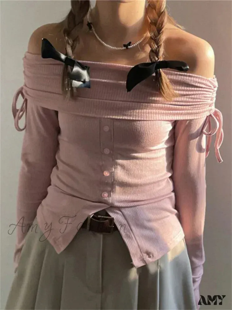 Amy Fashion - Off Shoulder Knitted Long Sleeve Solid Color Buttoned Front Split T-Shirts