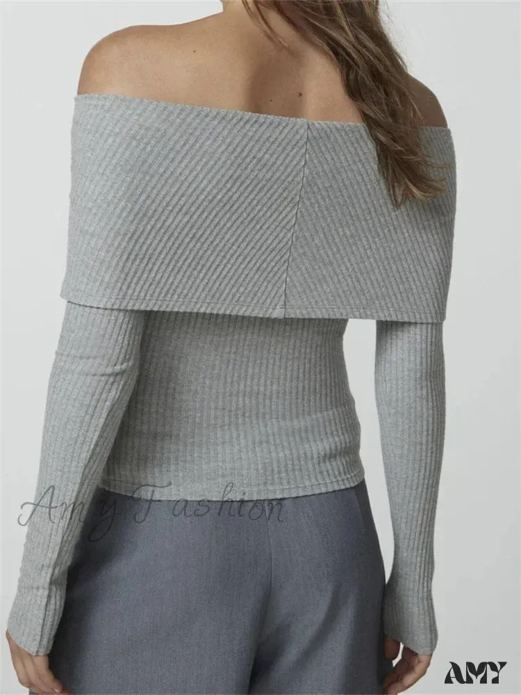 Amy Fashion - Ribbed Slash Neck Off Shoulder  Casual Long Sleeve  T-Shirts