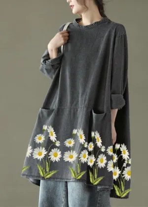 Boho Black Grey-yellow flower O-Neck Pockets Denim Long Dresses Long Sleeve