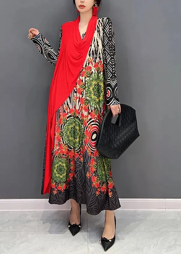 Boho Red V Neck Print Patchwork Cotton Long Dresses Fall ML3174