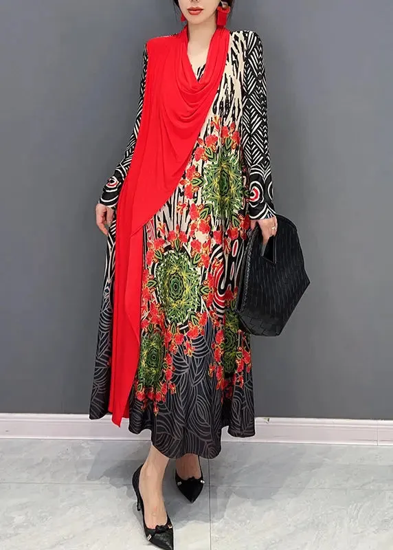 Boho Red V Neck Print Patchwork Cotton Long Dresses Fall ML3174