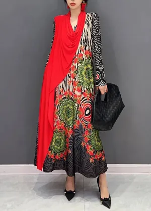 Boho Red V Neck Print Patchwork Cotton Long Dresses Fall ML3174