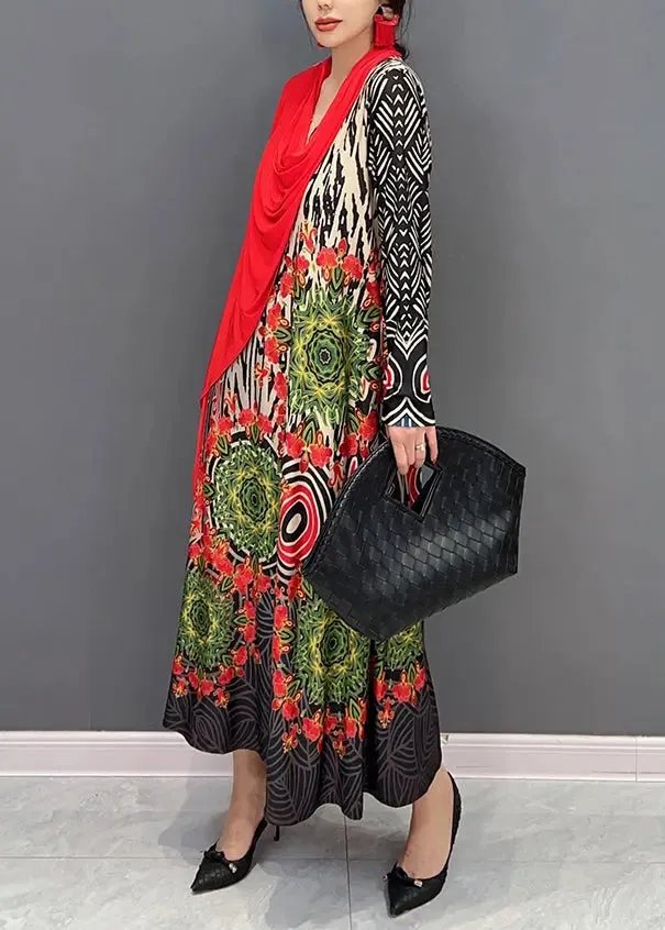 Boho Red V Neck Print Patchwork Cotton Long Dresses Fall ML3174