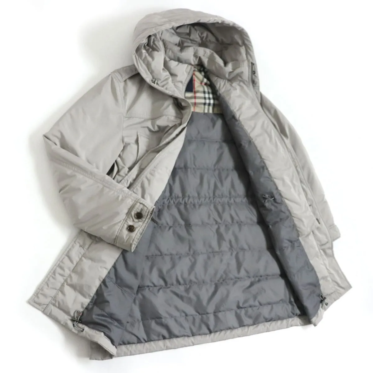 Burberry Hooded Down Coat, Layered Design, Men's, Light Gray, M