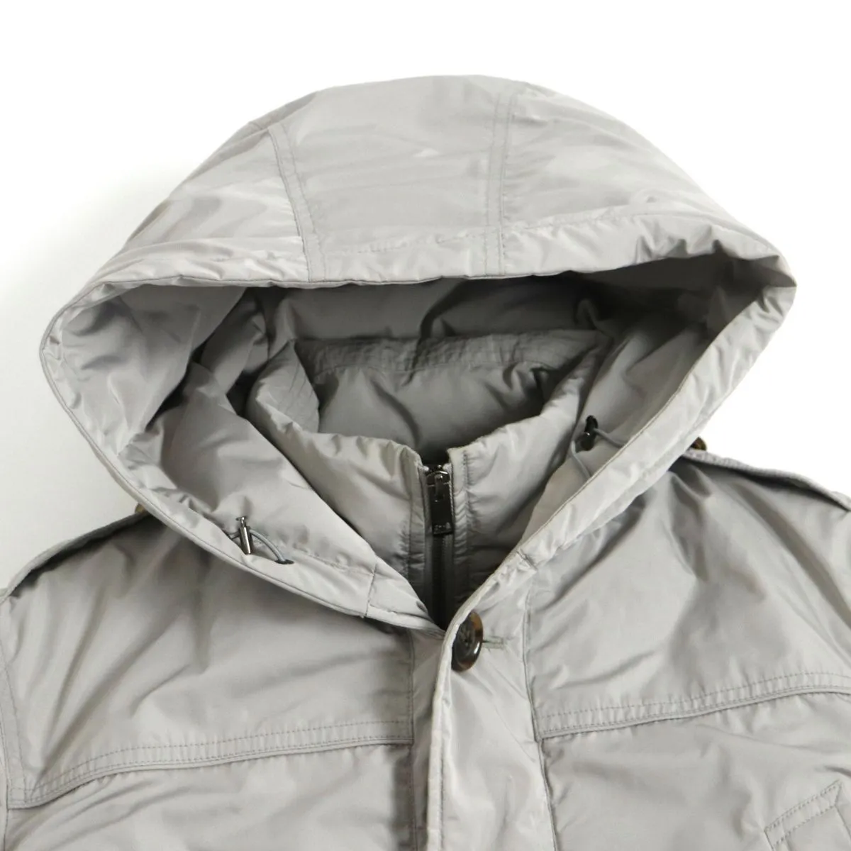 Burberry Hooded Down Coat, Layered Design, Men's, Light Gray, M