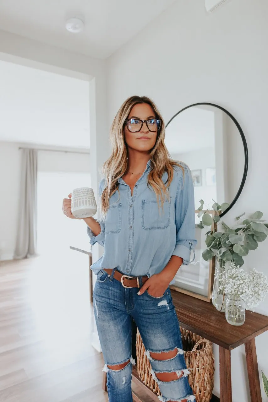 Button Down Light Wash Chambray Top