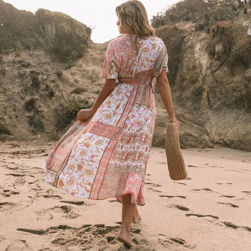 FashionSierra-Floral Printed  Cover-Ups  Women  Casual  Deep V Neck  Elastic Waist  Short Sleeve  Summer  Long  Beach Boho Dress