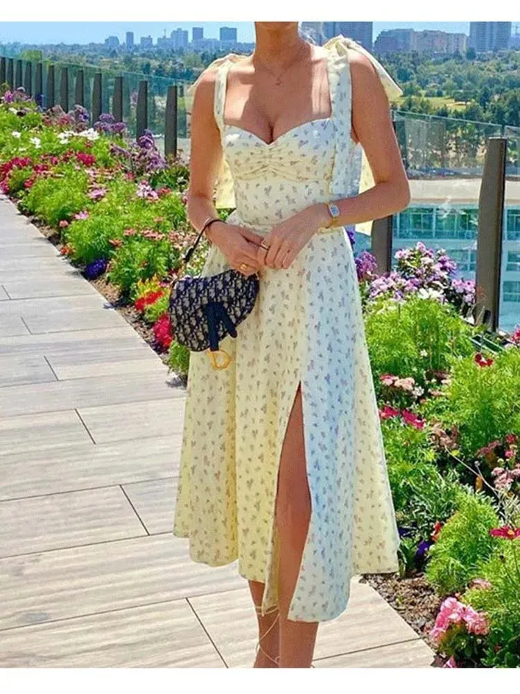 Floral Print Knot Straps Boho Dress