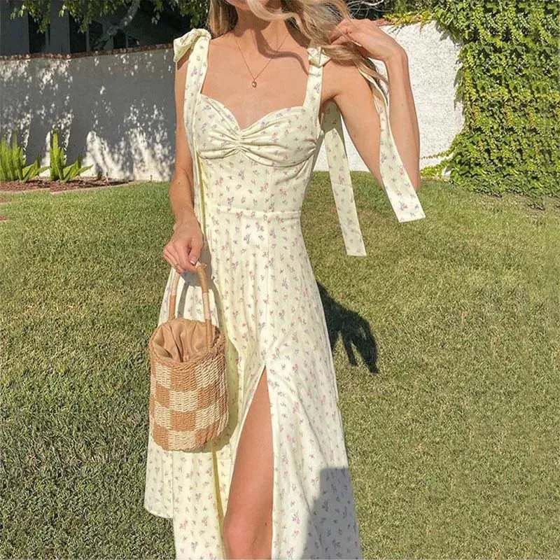 Floral Print Knot Straps Boho Dress