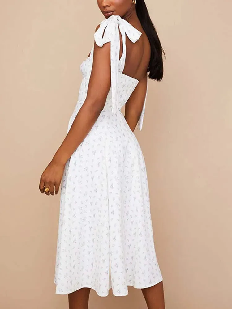 Floral Print Knot Straps Boho Dress