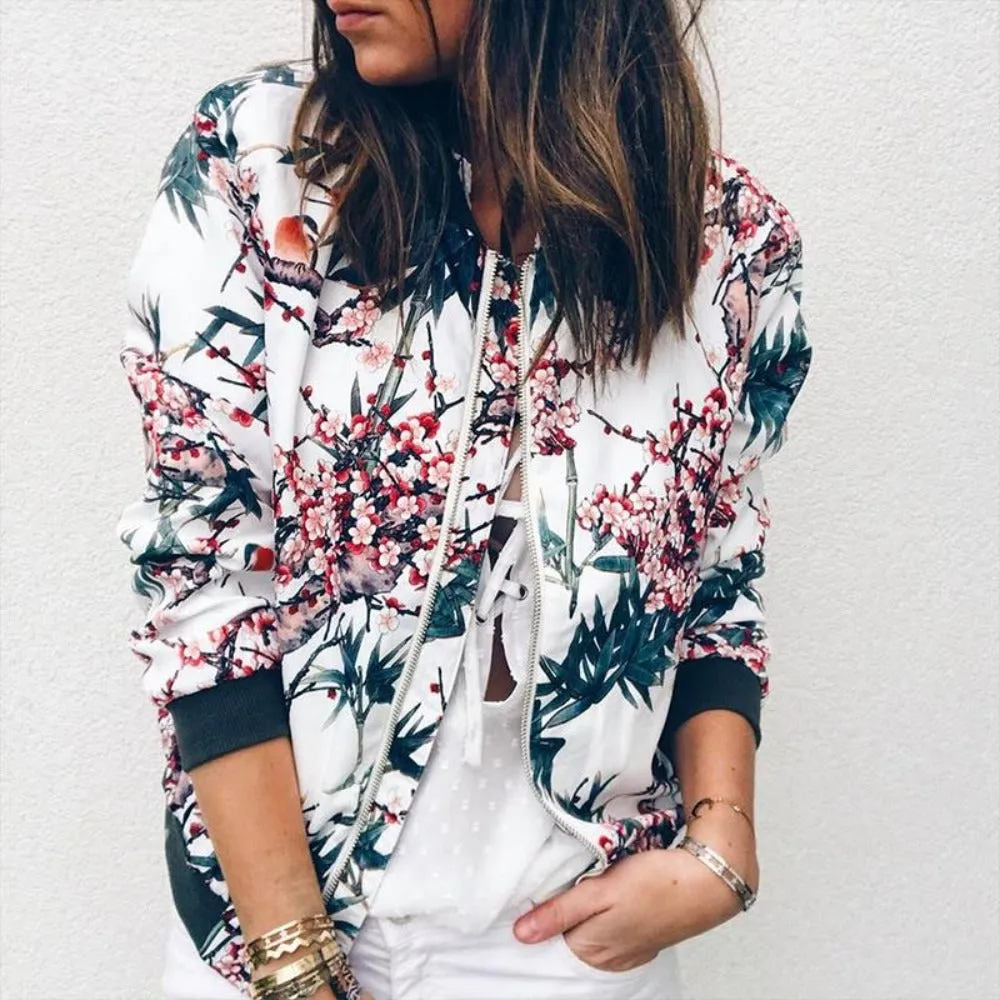 Floral Print Zipper Up Bomber Jacket