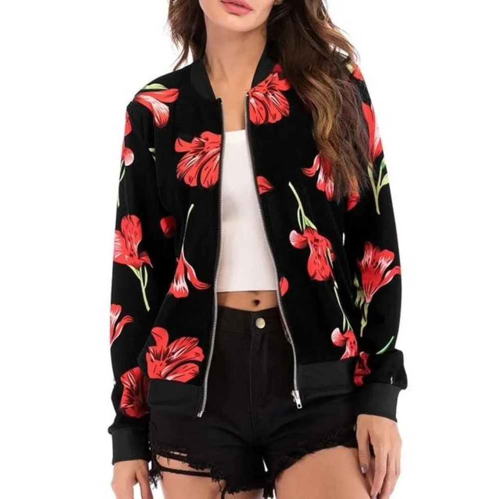 Floral Print Zipper Up Bomber Jacket