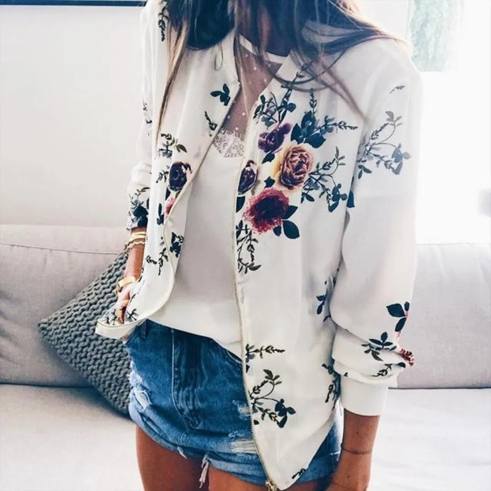 Floral Print Zipper Up Bomber Jacket