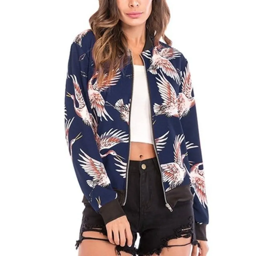 Floral Print Zipper Up Bomber Jacket