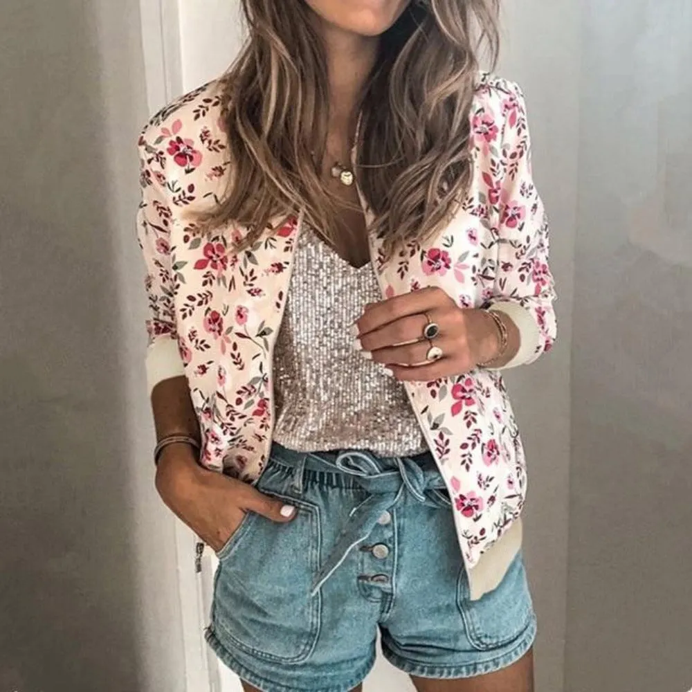 Floral Print Zipper Up Bomber Jacket