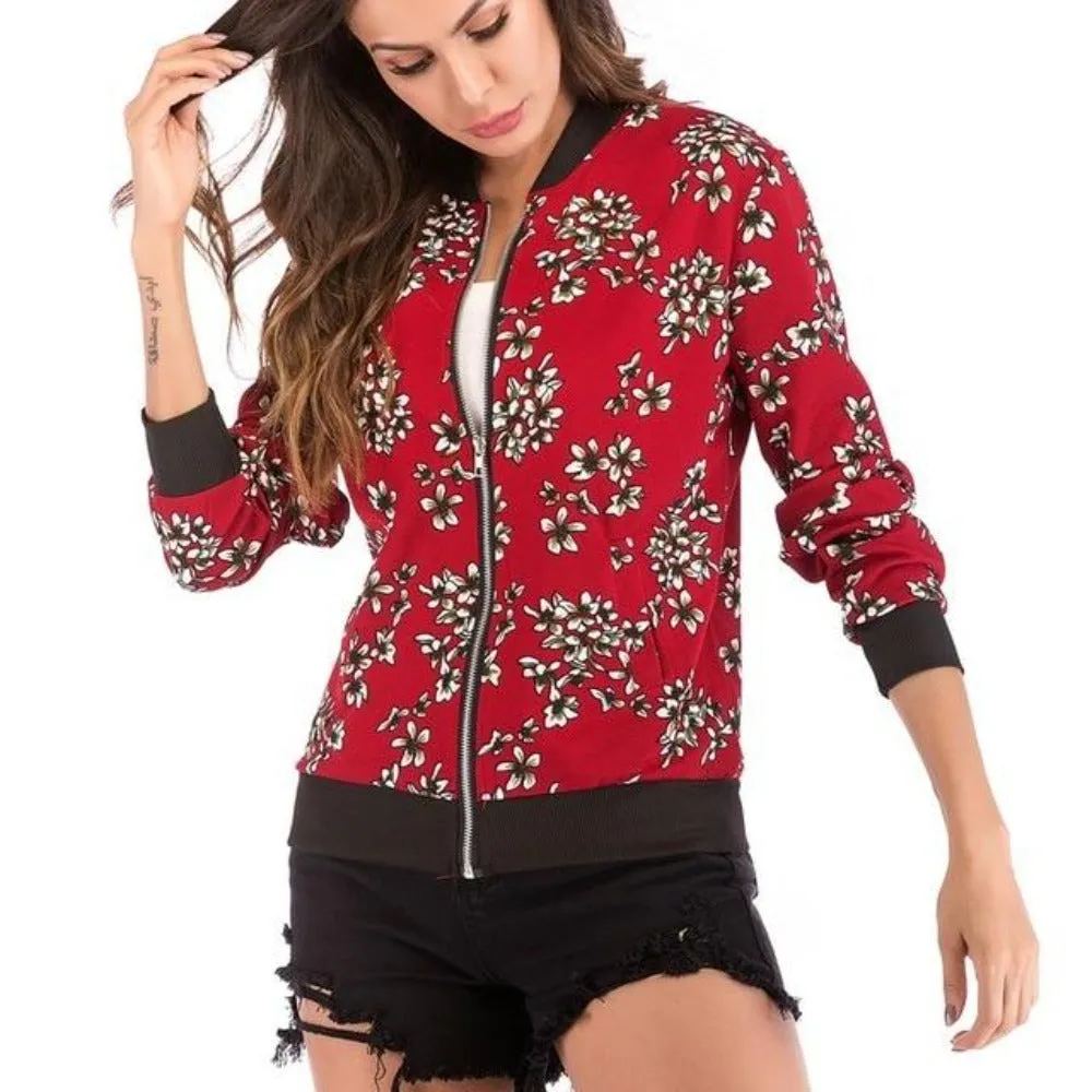 Floral Print Zipper Up Bomber Jacket