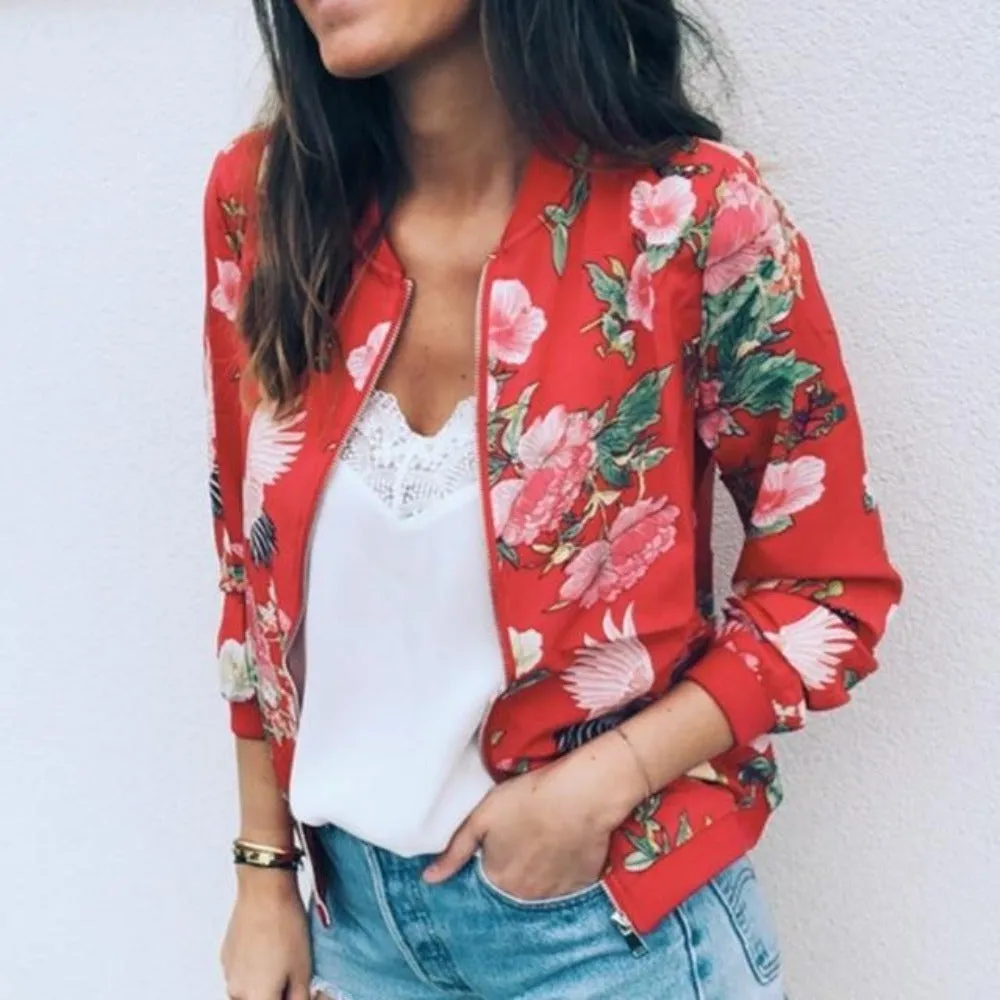 Floral Print Zipper Up Bomber Jacket