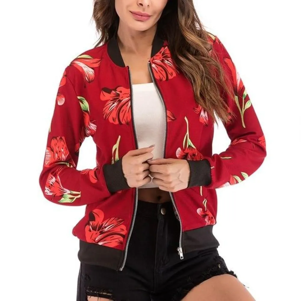 Floral Print Zipper Up Bomber Jacket