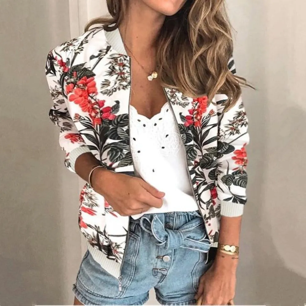 Floral Print Zipper Up Bomber Jacket