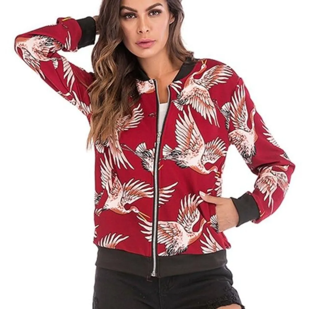 Floral Print Zipper Up Bomber Jacket