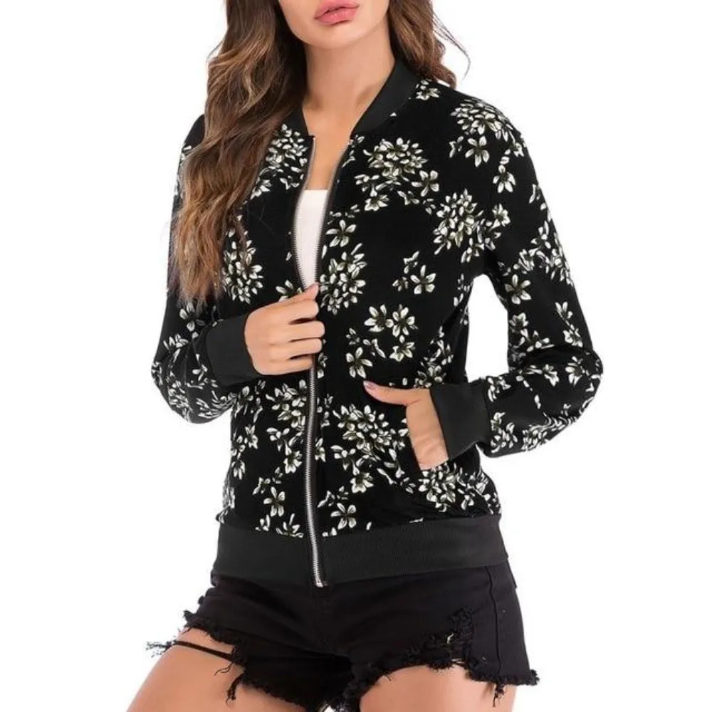 Floral Print Zipper Up Bomber Jacket