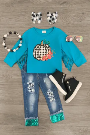 Gingham Floral Pumpkin Denim Set