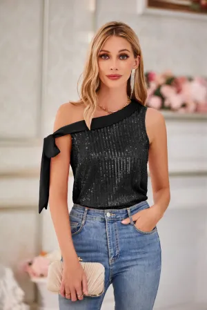 Glitter One Shoulder Sleeveless Tie Bow Knot Sexy Party Shirt Tops