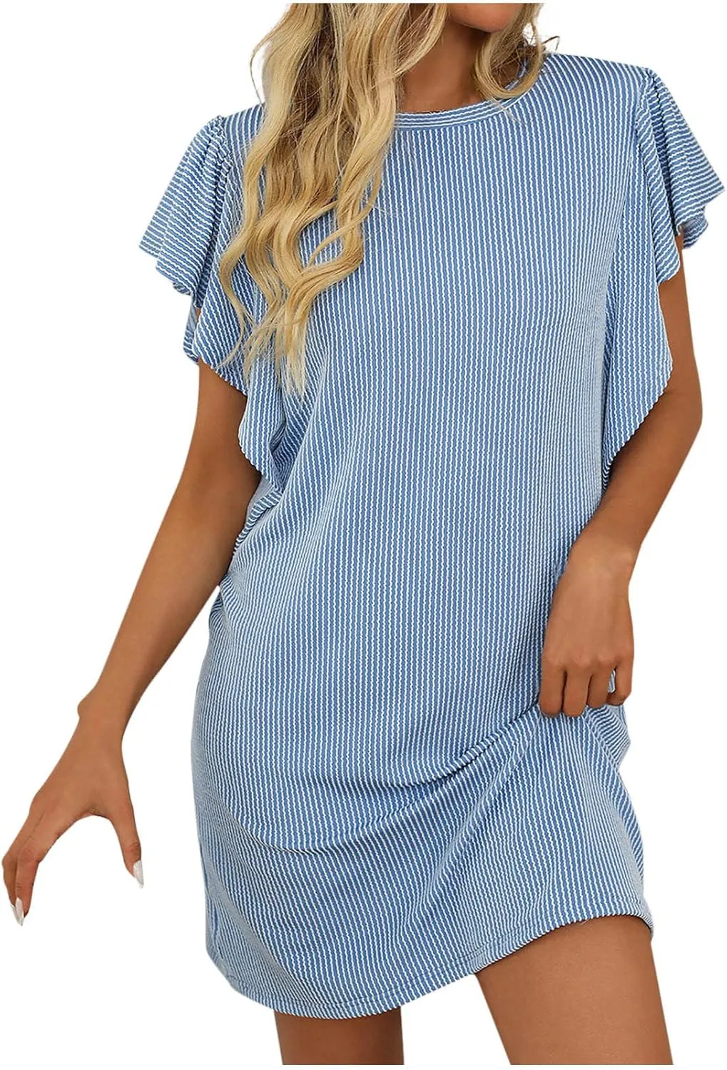 hlysgo Women Summer Casual Dress Ruffle Sleeve Crewneck Mini Tshirt Dresses 2025 Vacation Beach Boho Short Sundress