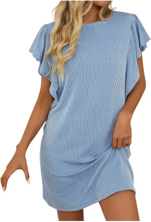 hlysgo Women Summer Casual Dress Ruffle Sleeve Crewneck Mini Tshirt Dresses 2025 Vacation Beach Boho Short Sundress