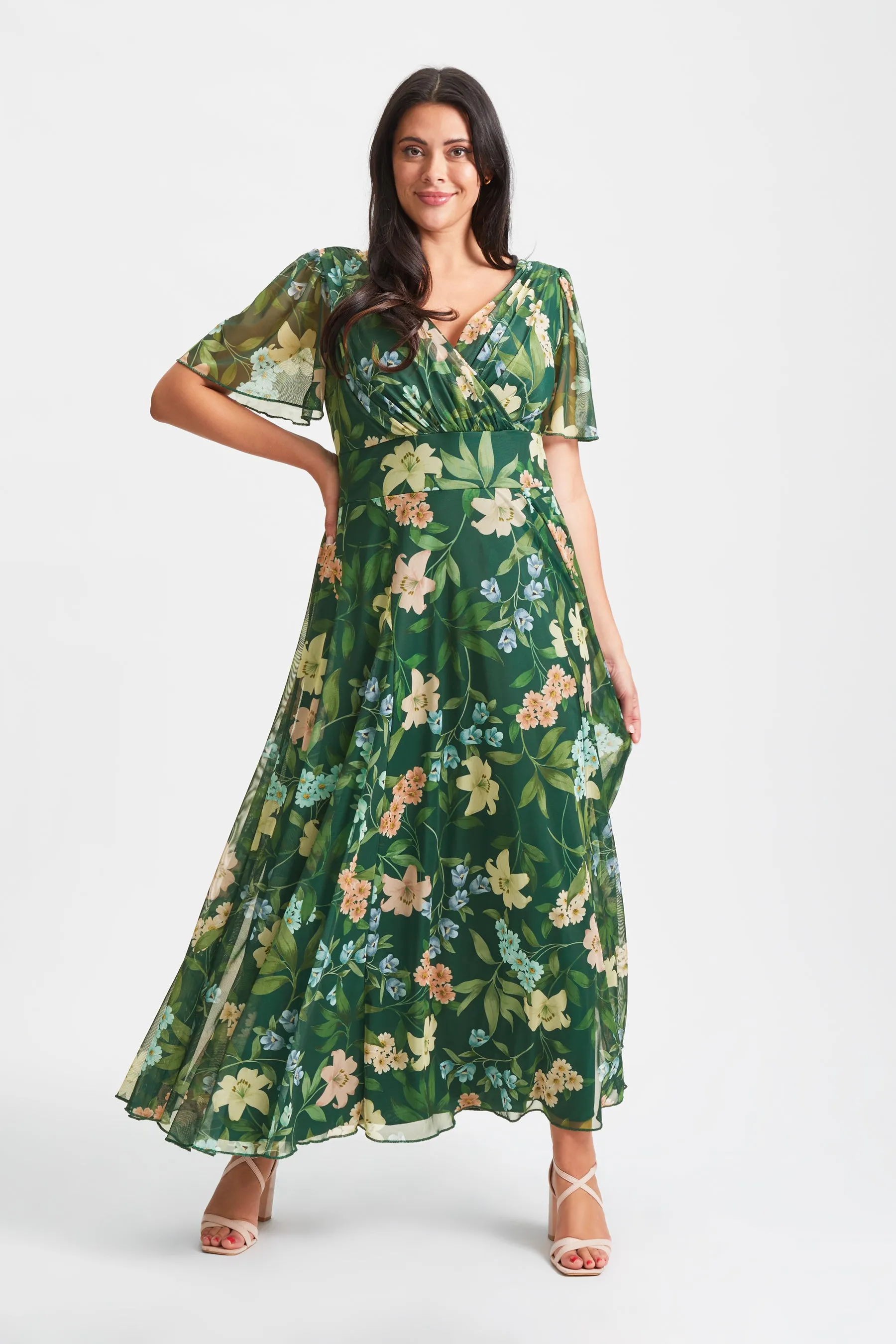 Isabelle Dark Green Multi Float Sleeve Maxi Dress