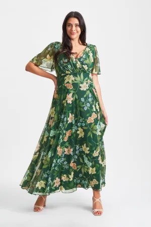 Isabelle Dark Green Multi Float Sleeve Maxi Dress