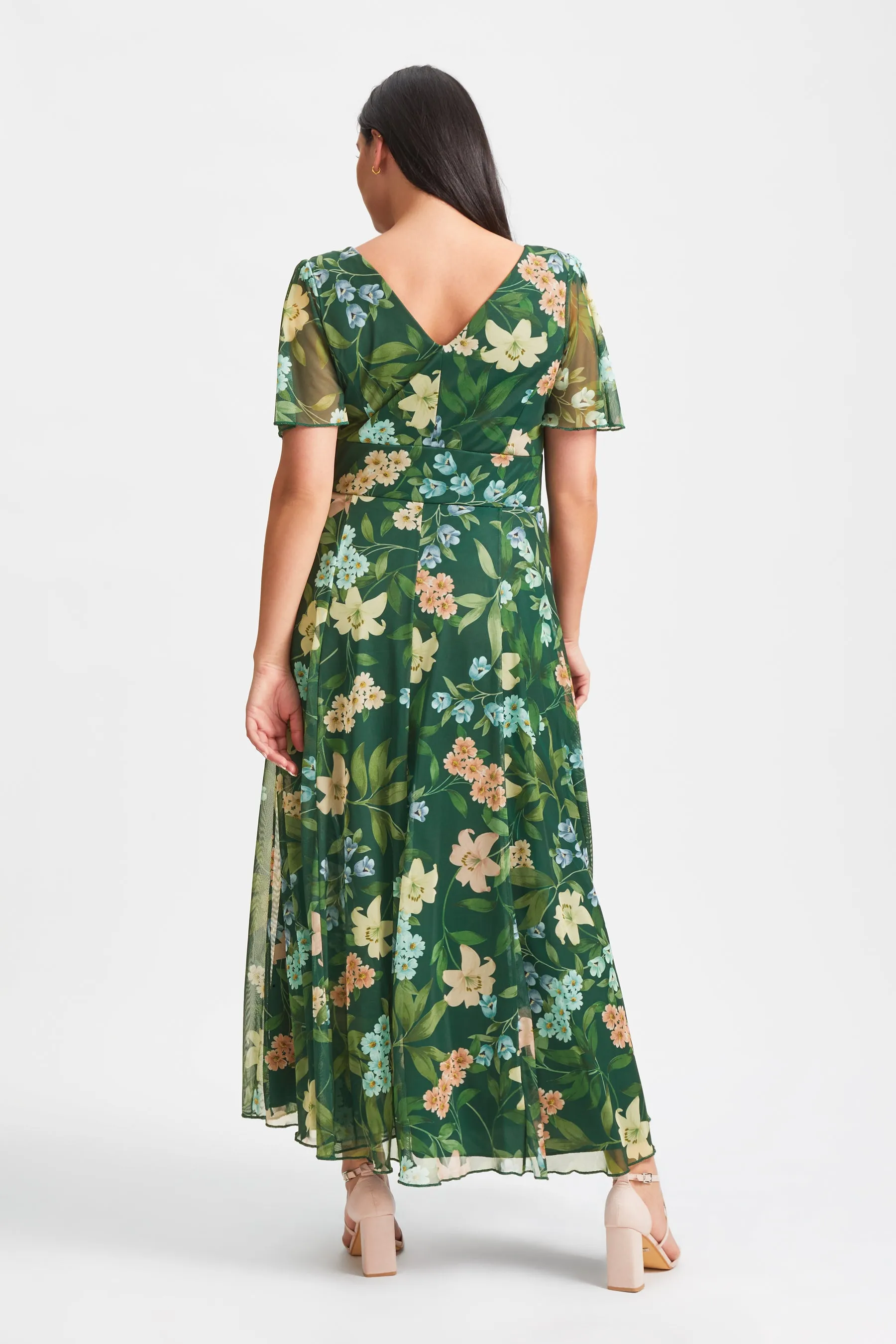 Isabelle Dark Green Multi Float Sleeve Maxi Dress