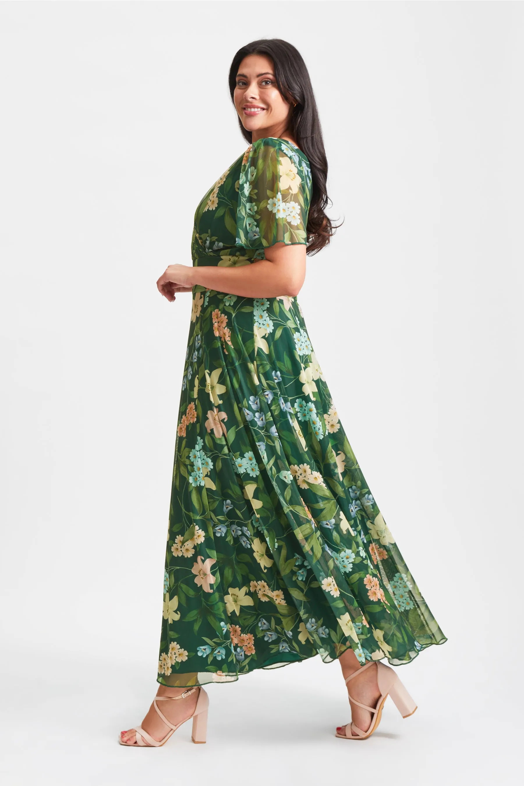 Isabelle Dark Green Multi Float Sleeve Maxi Dress