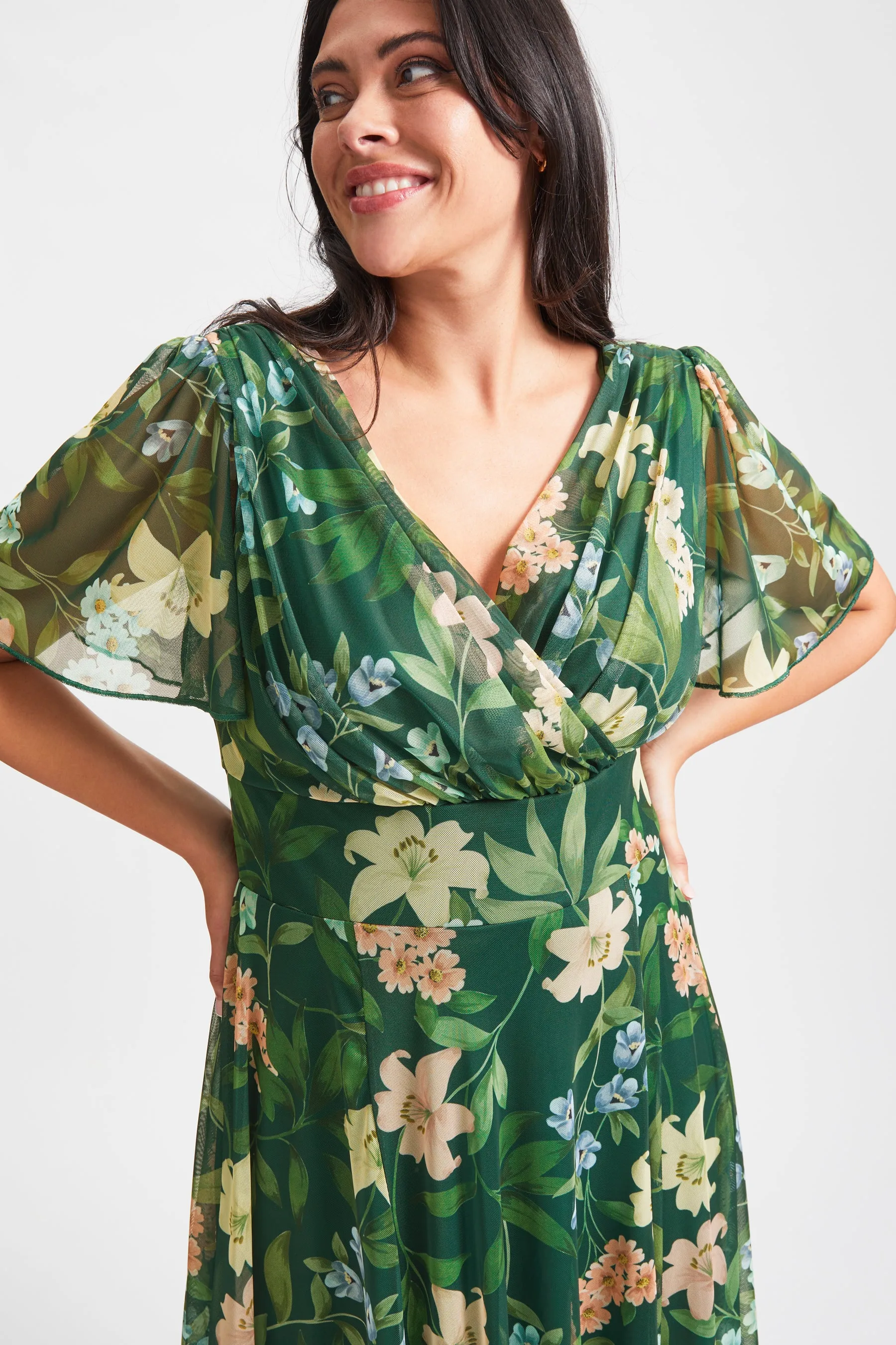 Isabelle Dark Green Multi Float Sleeve Maxi Dress