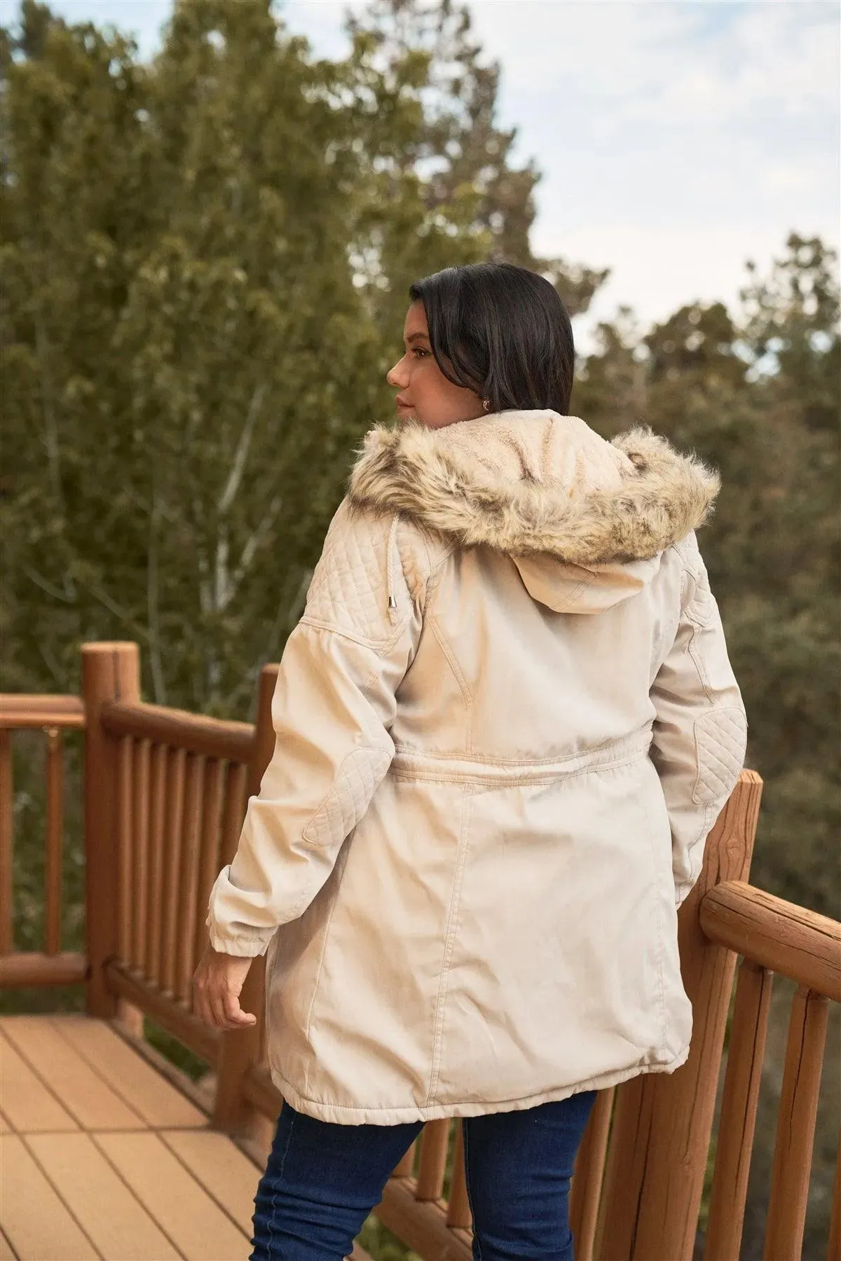 Junior Plus Size Beige Quilted Detail Vegan Fur Cotton Twill Parka Jacket /2-2-1-1