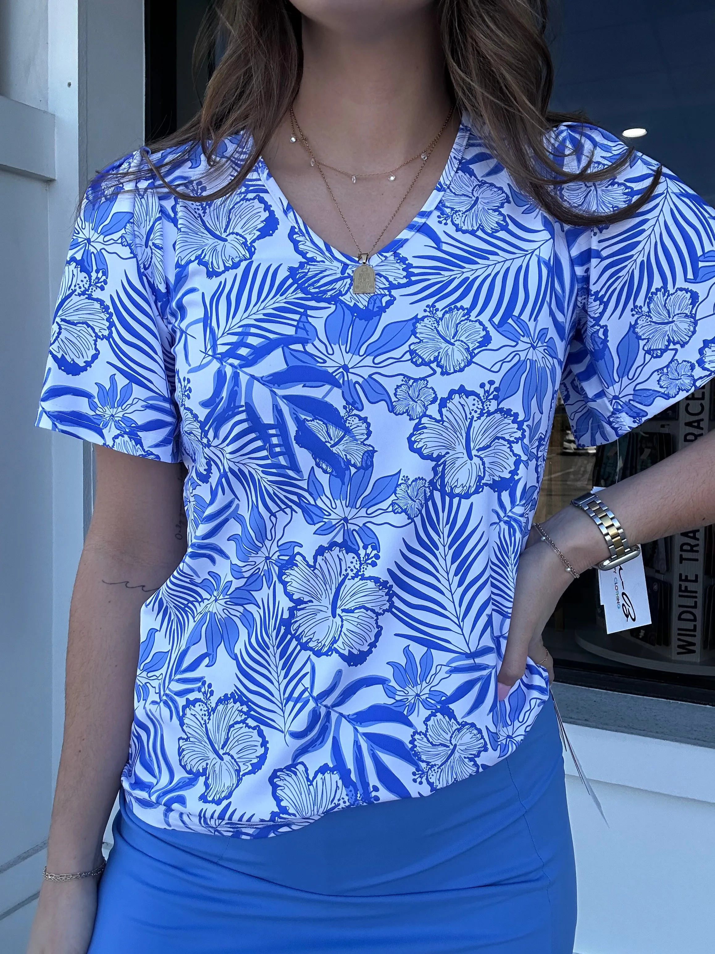 LuLu B Tropical Periwinkle Short Sleeve Frill Top