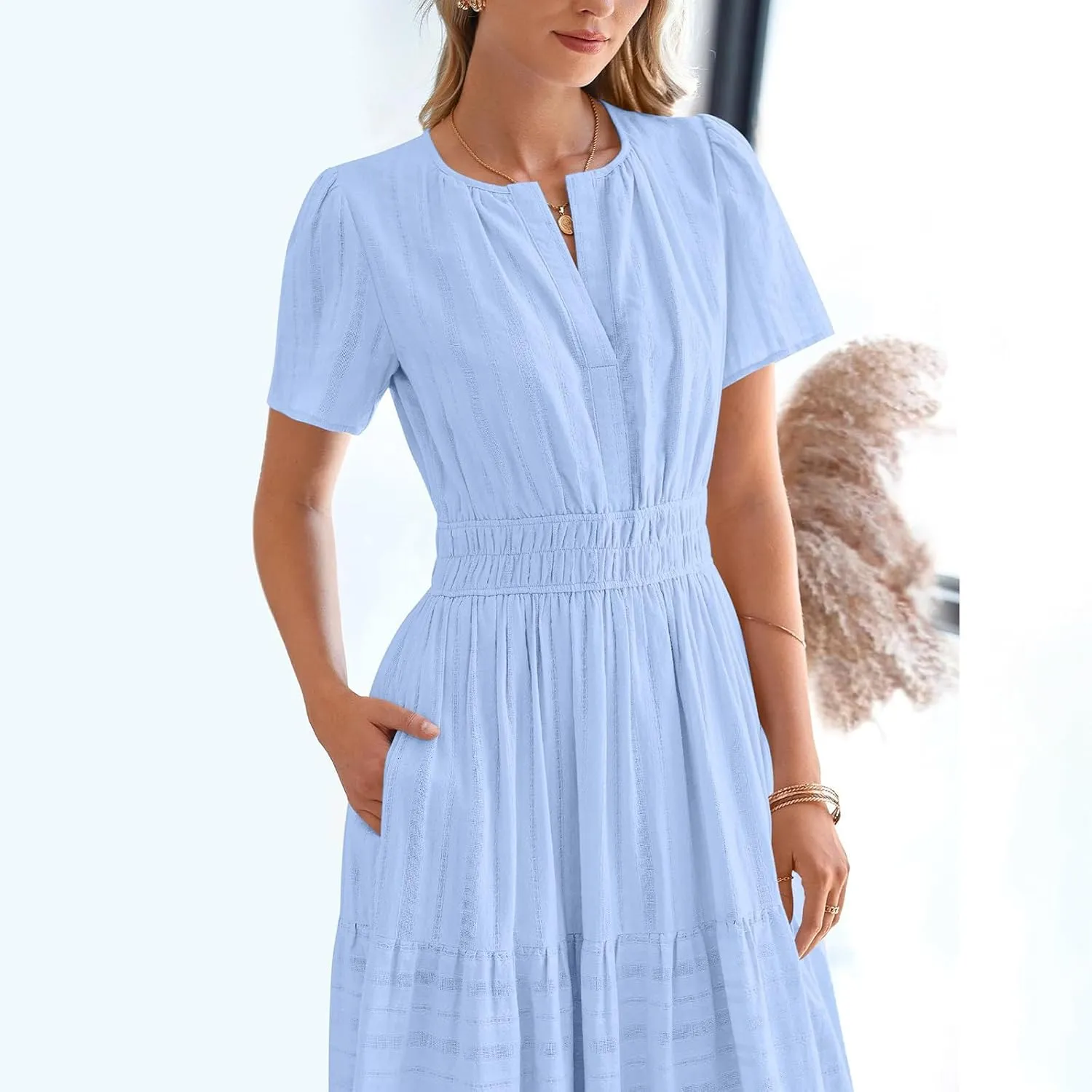 Midi Dress for Women Spring Summer Dressy Casual Vacation Dresses Short Sleeve Boho Trendy Restro Wear Clothes