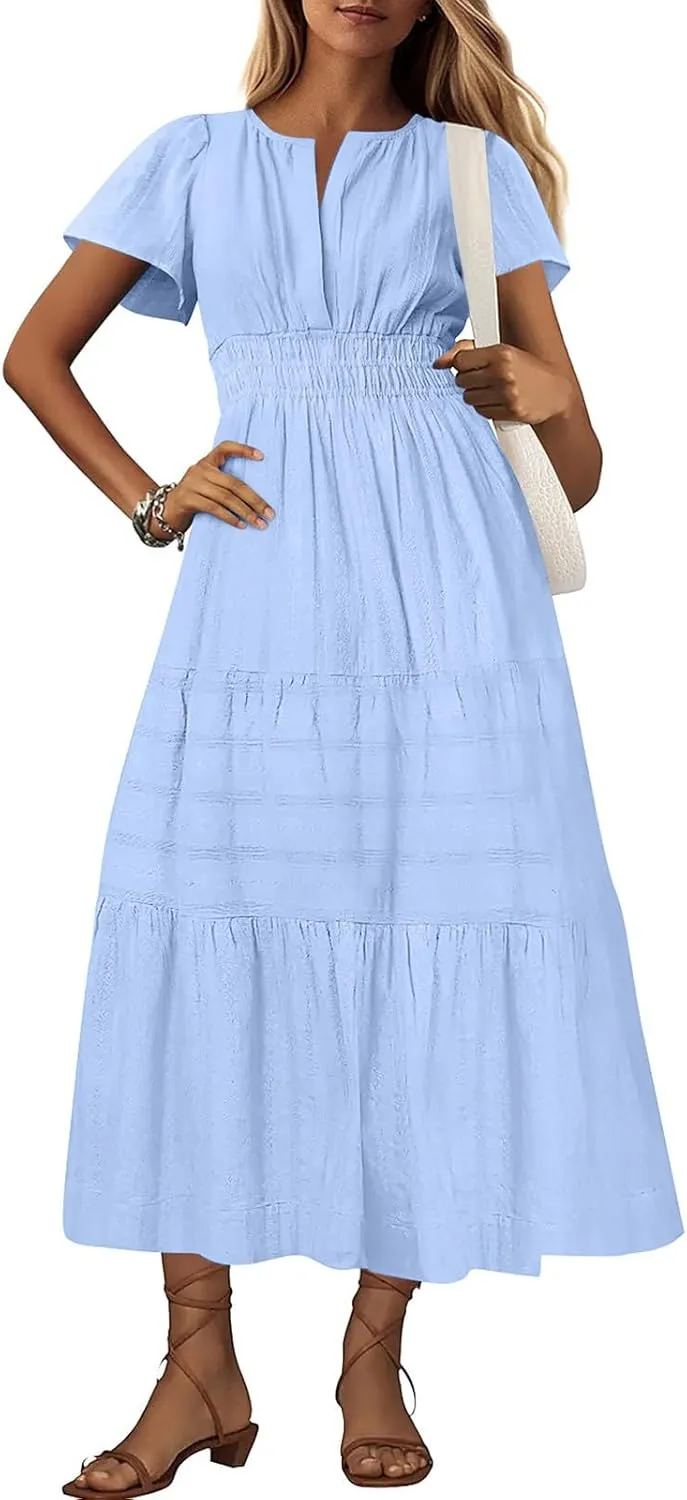 Midi Dress for Women Spring Summer Dressy Casual Vacation Dresses Short Sleeve Boho Trendy Restro Wear Clothes